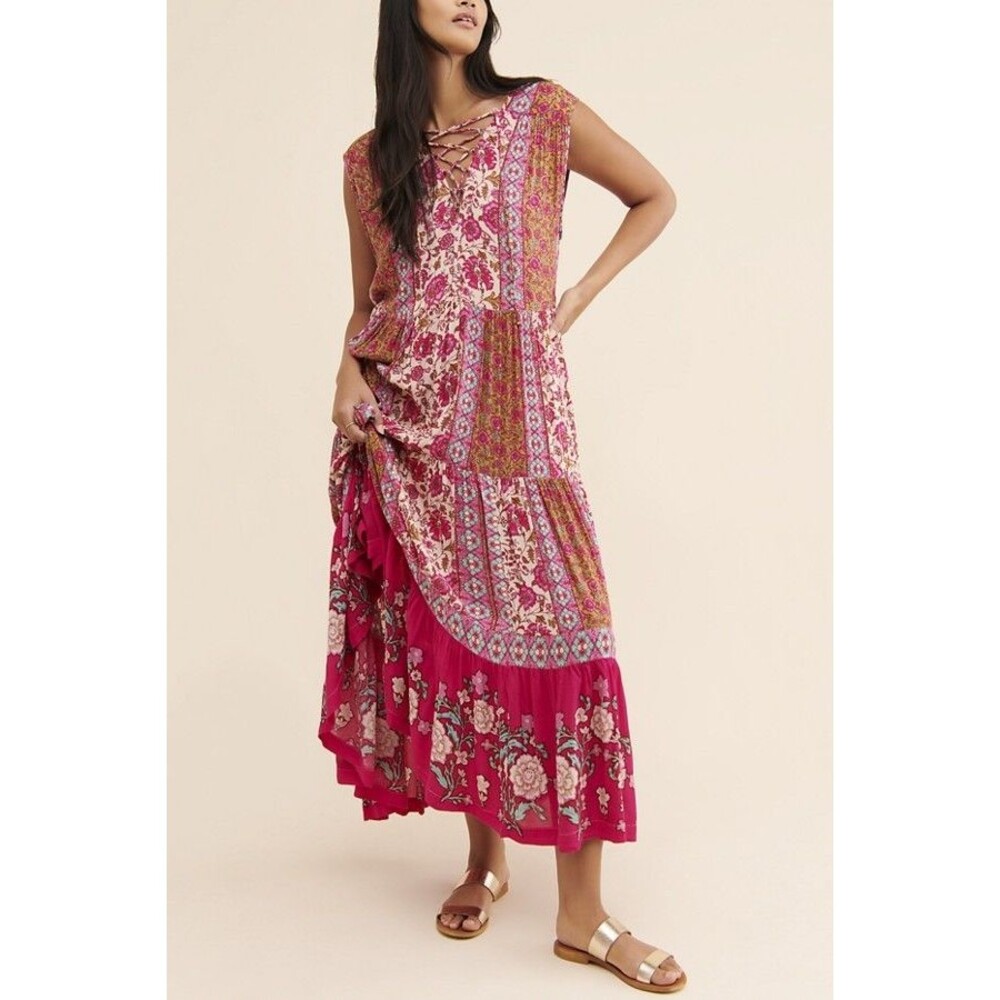 Free People Hanalei Bay Tiered Maxi Dress M-XL Floral Boho Pink Cottage Flowy
